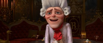 Movie still from “Shrek Forever After” (2010), directed by Mike Mitchell – A cartoon of a man in a wig and a white wig; Medium shot, Over the shoulder angle