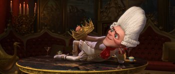 Movie still from “Shrek Forever After” (2010), directed by Mike Mitchell – A cartoon character is sitting on a table; Medium shot, Over the shoulder angle