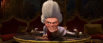 Movie still from “Shrek Forever After” (2010), directed by Mike Mitchell – A cartoon of a man with a white wig and a white shirt on; Medium shot, Over the shoulder angle