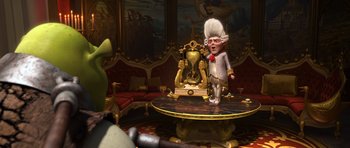 Movie still from “Shrek Forever After” (2010), directed by Mike Mitchell – A cartoon character is standing in front of a clock; Wide shot, Over the shoulder angle