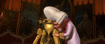 Movie still from “Shrek Forever After” (2010), directed by Mike Mitchell – An image of an animated character looking at an hourglass; Medium shot, Over the shoulder angle