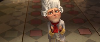 Movie still from “Shrek Forever After” (2010), directed by Mike Mitchell – An animated character dressed as a chef in a kitchen; Close Up shot, Low angle