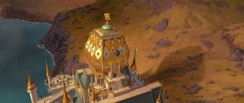 Movie still from “Shrek Forever After” (2010), directed by Mike Mitchell – An aerial view of a castle with a dragon on the top; Extreme Wide shot, High angle