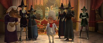Movie still from “Shrek Forever After” (2010), directed by Mike Mitchell – A group of people dressed up in costumes; Wide shot, High angle