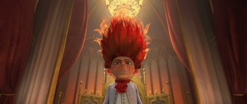 Movie still from “Shrek Forever After” (2010), directed by Mike Mitchell – An animated character with red hair and a white shirt; Medium shot, Low angle