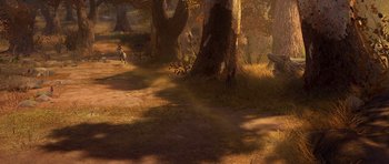 Movie still from “Shrek Forever After” (2010), directed by Mike Mitchell – A park with a bench and trees in the background; Extreme Wide shot, High angle