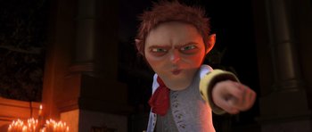 Movie still from “Shrek Forever After” (2010), directed by Mike Mitchell – An image of an animated character with a red bow tie; Medium shot, Low angle