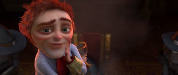 Movie still from “Shrek Forever After” (2010), directed by Mike Mitchell – A person with red hair and green eyes holding a wine glass; Medium shot, Over the shoulder angle
