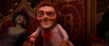 Movie still from “Shrek Forever After” (2010), directed by Mike Mitchell – A cartoon character with a red bow tie; Medium shot, High angle