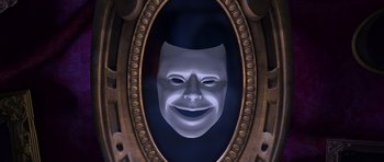 Movie still from “Shrek Forever After” (2010), directed by Mike Mitchell – A picture of a mask in the middle of a mirror; Extreme Close Up shot, High angle