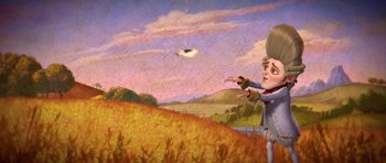 Movie still from “Shrek Forever After” (2010), directed by Mike Mitchell – A painting of a woman flying a kite in a field; Wide shot, Low angle