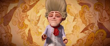 Movie still from “Shrek Forever After” (2010), directed by Mike Mitchell – An animated character is wearing a wig and a suit; Medium shot, Low angle