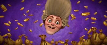 Movie still from “Shrek Forever After” (2010), directed by Mike Mitchell – An image of a man with a blonde wig in front of a bunch of gold coins; Close Up shot, Low angle