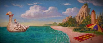 Movie still from “Shrek Forever After” (2010), directed by Mike Mitchell – An oil painting of a beach with a boat in the water; Extreme Wide shot, Low angle