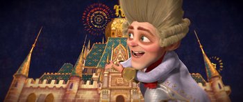 Movie still from “Shrek Forever After” (2010), directed by Mike Mitchell – A cartoon of a man in a castle with fireworks in the background; Medium shot, Over the shoulder angle