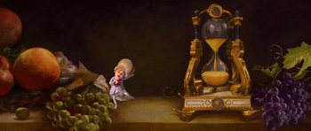 Movie still from “Shrek Forever After” (2010), directed by Mike Mitchell – A painting of an animated character and a clock; Wide shot, Low angle