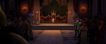 Movie still from “Shrek Forever After” (2010), directed by Mike Mitchell – A dog standing in front of a throne in a room; Extreme Wide shot, High angle