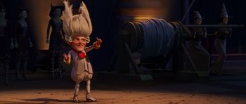 Movie still from “Shrek Forever After” (2010), directed by Mike Mitchell – A cartoon character is standing in front of a rope; Wide shot, Low angle