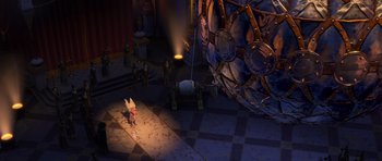Movie still from “Shrek Forever After” (2010), directed by Mike Mitchell – An image of an animated scene in a game; Extreme Wide shot, High angle
