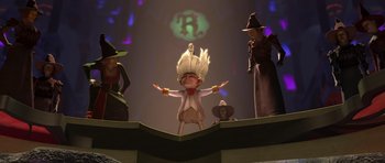 Movie still from “Shrek Forever After” (2010), directed by Mike Mitchell – A cartoon character is standing in front of a crowd; Wide shot, Low angle