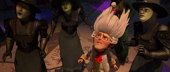 Movie still from “Shrek Forever After” (2010), directed by Mike Mitchell – An animated scene of a woman and a man in a costume; Medium shot, Low angle