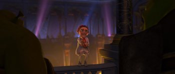 Movie still from “Shrek Forever After” (2010), directed by Mike Mitchell – An animated character is standing on a ledge; Wide shot, Over the shoulder angle