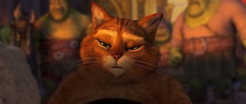 Movie still from “Shrek Forever After” (2010), directed by Mike Mitchell – An orange and white cat with green eyes; Close Up shot, Low angle