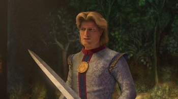 Movie still from “Shrek the Third” (2007), directed by Raman Hui – A painting of a man with a sword in his hand; Close Up shot, Over the shoulder angle