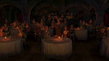 Movie still from “Shrek the Third” (2007), directed by Raman Hui – A group of people sitting around a table with food on it; Extreme Wide shot, High angle