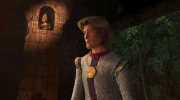 Movie still from “Shrek the Third” (2007), directed by Raman Hui – A man wearing a hat and a long coat standing next to a stone wall; Medium shot, Over the shoulder angle