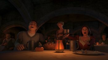 Movie still from “Shrek the Third” (2007), directed by Raman Hui – A group of people sitting at a table with food; Medium shot, High angle