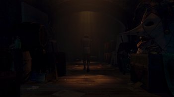 Movie still from “Shrek the Third” (2007), directed by Raman Hui – A person standing in the dark in a room; Wide shot, Low angle