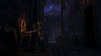 Movie still from “Shrek the Third” (2007), directed by Raman Hui – A woman sitting at a table in front of a fire; Wide shot, Low angle