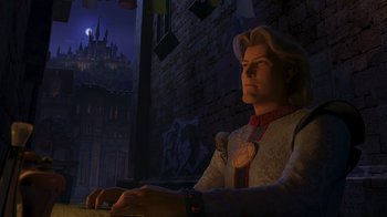Movie still from “Shrek the Third” (2007), directed by Raman Hui – A man sitting in front of a computer keyboard; Medium shot, Low angle