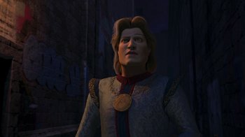 Movie still from “Shrek the Third” (2007), directed by Raman Hui – A man with a long blonde hair wearing a gray and gold outfit; Medium shot, Over the shoulder angle
