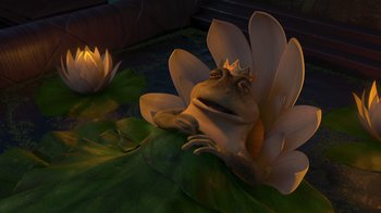Movie still from “Shrek the Third” (2007), directed by Raman Hui – A frog is sitting on a leaf with a crown on it's head; Wide shot, High angle