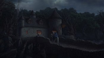 Movie still from “Shrek the Third” (2007), directed by Raman Hui – A painting of a man riding a horse in front of a castle; Extreme Wide shot, Low angle