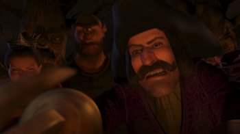 Movie still from “Shrek the Third” (2007), directed by Raman Hui – A man with a beard and a mustache is looking at the camera; Medium shot, Over the shoulder angle