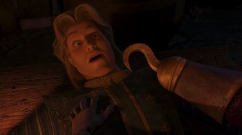 Movie still from “Shrek the Third” (2007), directed by Raman Hui – A man is laying on a bed with a pot on his chest; Close Up shot, High angle