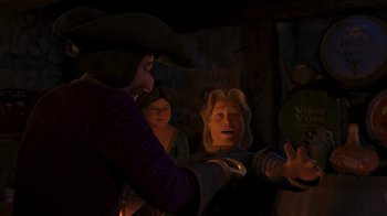 Movie still from “Shrek the Third” (2007), directed by Raman Hui – A group of people standing next to each other in the dark; Medium shot, Over the shoulder angle