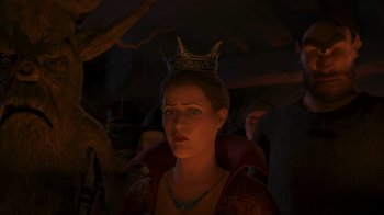 Movie still from “Shrek the Third” (2007), directed by Raman Hui – A woman wearing a crown in a dark room; Close Up shot, Over the shoulder angle