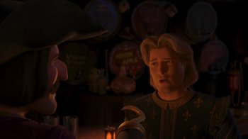 Movie still from “Shrek the Third” (2007), directed by Raman Hui – A man is standing in front of another man in front of a bar; Medium shot, Over the shoulder angle