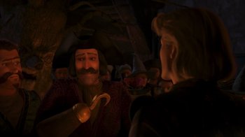 Movie still from “Shrek the Third” (2007), directed by Raman Hui – A group of people standing in a dark room; Medium shot, Over the shoulder angle