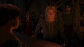 Movie still from “Shrek the Third” (2007), directed by Raman Hui – A group of people standing around a table; Medium shot, Over the shoulder angle