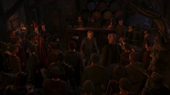 Movie still from “Shrek the Third” (2007), directed by Raman Hui – A group of people sitting in a dark room; Extreme Wide shot, High angle