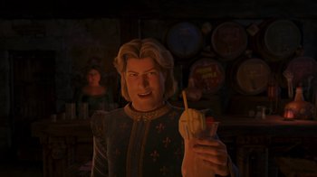 Movie still from “Shrek the Third” (2007), directed by Raman Hui – A man holding an apple in his hand; Medium shot, Over the shoulder angle