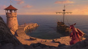 Movie still from “Shrek the Third” (2007), directed by Raman Hui – An image of a boat in the water near the shore; Extreme Wide shot, High angle