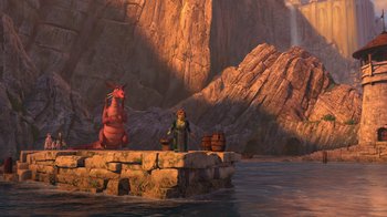 Movie still from “Shrek the Third” (2007), directed by Raman Hui – An animated scene of a woman and a dragon; Extreme Wide shot, High angle