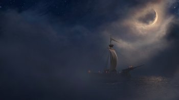 Movie still from “Shrek the Third” (2007), directed by Raman Hui – A boat floating in the middle of the ocean; Extreme Wide shot, Low angle