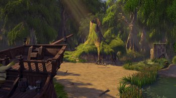 Movie still from “Shrek the Third” (2007), directed by Raman Hui – An image of an animated scene in the woods; Extreme Wide shot, High angle